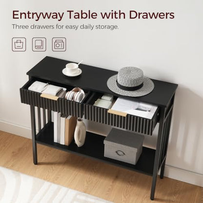 MAHANCRIS 39.4" Console Table with 2 Drawers, Fluted Black Entryway Table | Narrow Long Entry Table with Storage Shelf, Sofa Table for Entryway, Living Room, Foyer, Hallway, Office, Black CTHB5101 - size: 11.8"D x 39.4"W x 32.3"H