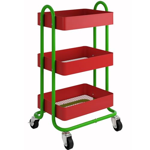 Metal Rolling Cart,3-Tier Metal Rolling Cart with Wheels,3 Tier Utility Cart with Wheels for Office,Home,Kitchen,Garden（13.4"x18.1"x31"） Red+Green - color: Red+green, size: 31"H