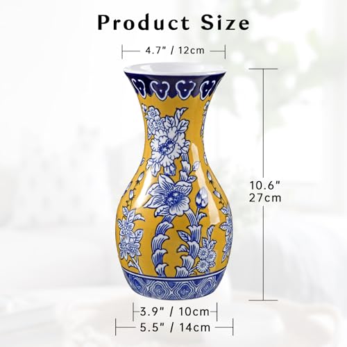 Blue and Yellow Ceramic Vase 11" Chinoiserie Flower Vase in Wide Mouth | Hand-Painted Floral Motif, Triple-Fired Glazed Ceramic, Royal-Inspired Chinoiserie Decor for Home Decor Bookshelf Side Table - color: #Yellow Floral Texture