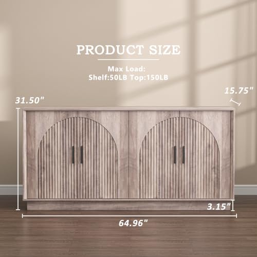 Buffet Cabinet with Storage, 31.5" W Fluted Sideboard Buffet Cabinet with Adjustable Shelves, Single-Box Modern Wood Credenza Accent Storage Cabinet for Dining Room Living Room Hallway, Grey - color: Grey, size: 65'' WIDE
