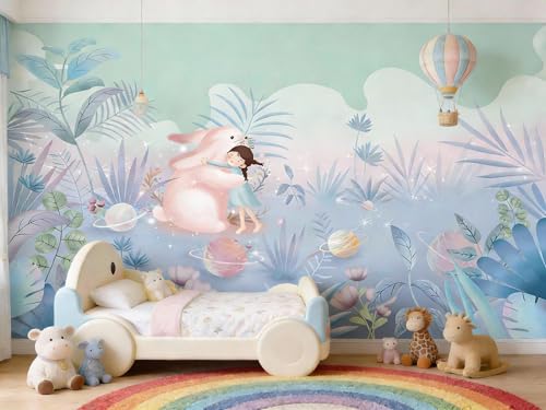 ASJ Kids Nursery Peel and Stick Wallpaper Mural, Girl Bunny Planet Pink | Seamless edge-to-edge match. Space botanical dreamy artwork, 177x102 in, premium fabric, girls bedroom playroom. - color: Soft Pink, size: 177" x 102"
