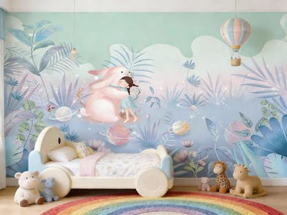 ASJ Kids Nursery Peel and Stick Wallpaper Mural, Girl Bunny Planet Pink | Seamless edge-to-edge match. Space botanical dreamy artwork, 177x102 in, premium fabric, girls bedroom playroom. - color: Soft Pink, size: 177" x 102"