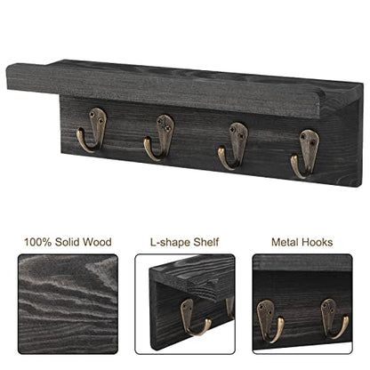 HRONRAD Rustic Key Holder for Wall, Farmhouse Wall Shelf with 4 Hooks, Wall Mounted Key Racks, Wooden Mail Organizer with Hooks for Entryway (Black - Pine) - color: Black - Pine