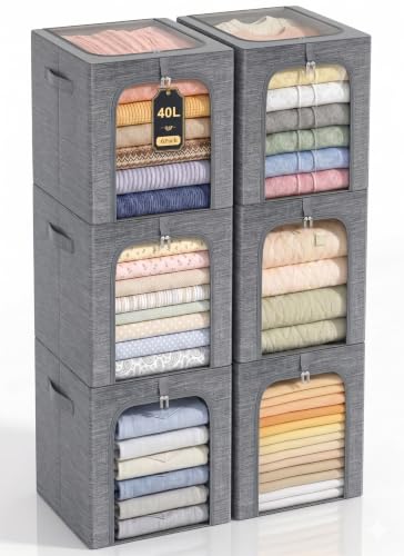 GoMaihe Clothes Storage Bins with Metal Frame for Closet, 40L 6-Pack Grey | Sweaters Hoodies Jeans T-Shirt, Closet Top Shelf Organizer, Steel Frame Collapse-Proof, Stackable, Clear Window, Dual Access - color: Gray, size: 40L