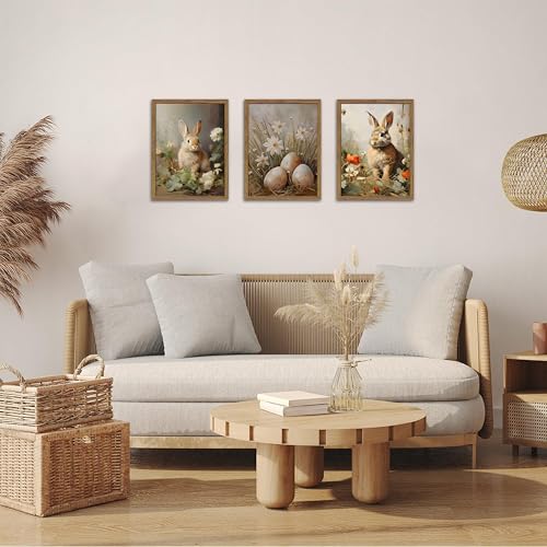 Vintage Easter Bunny Wall Art Set of 3, Spring Easter Rabbit Eggs Canvas Wall Decor Paintings, Rustic Farmhouse Animal Artwork Prints Pictures for Living Room Bedroom Bathroom 16x24 Inch Framed - color: Brown Gray Rabbit, size: 24L" x 16W"