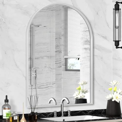 Silver Arched Mirror 22x30in, Metal Framed Bathroom Vanity Wall | Tempered Glass, Shatter Proof, Living Room Bedroom Entryway, Modern Elegant Design - color: Silver, size: 30"L x 22"W, style: Arched
