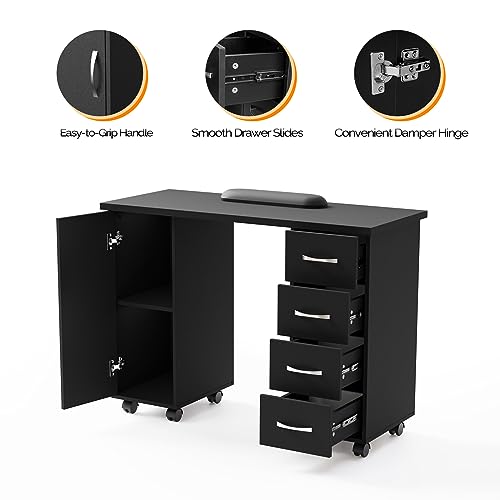 OmySalon OmySaon Manicure Table Nail Desk w/Cabinet, Drawers, Wheels & Wrist Rest, Spa Salon Beauty Home Wooden Technician Workstation Nail Art Equipment for Nail Tech, Black - color: Black