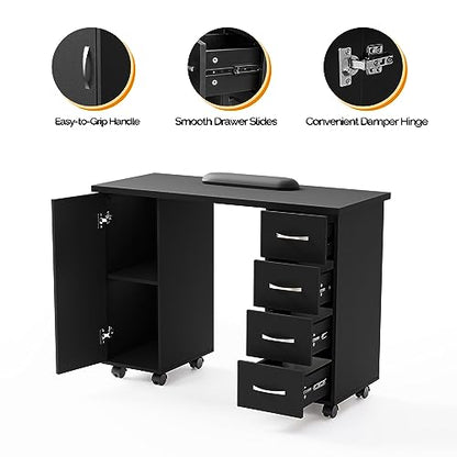 OmySalon OmySaon Manicure Table Nail Desk w/Cabinet, Drawers, Wheels & Wrist Rest, Spa Salon Beauty Home Wooden Technician Workstation Nail Art Equipment for Nail Tech, Black - color: Black