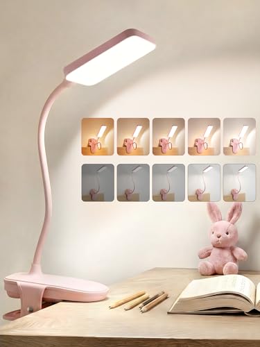 Pink Desk Lamp Cute Clip on Lamp,45 Modes Dimmable+450 Lumen Clip on Light | 4000mAh Battery Rechargeable Book Light for Reading in Bed,Cordless Small Pink Lamp for Girls Room/Kids Bedroom/Bedside/Dorm - color: Pink