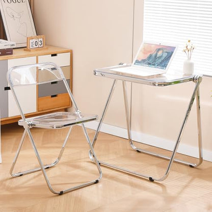 Acrylic Folding Table TV Tray Small Side Table - Clear | Modern Transparent Dinner Table for Eating on Couch Folding Table Foldable Computer Desks Space-Saving with Chrome Frame - color: Clear