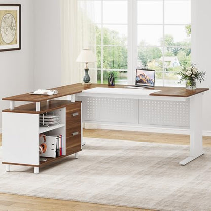 Tribesigns 63 Inch Executive Desk with File Cabinet, L Shaped Office Desk with Drawers and Storage Shelves, Business Furniture Set Workstation for Home Office, White and Walnut - color: White and Brown