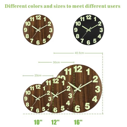 Plumeet Night Light Wall Clock, 16 Inch Wooden Glow in the Dark Clock for Bedroom, Extra Large Silent Lighted up Wall Clock Luminous Numerals and Hands, Battery Operated for Living Room/Kitchen, Brown
