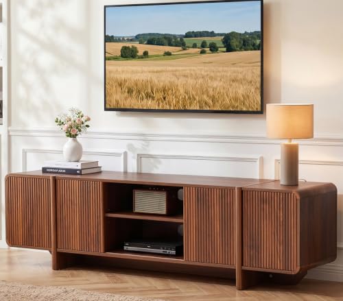 70'' Fluted Wood TV Stand with Storage Fits Up to 80 Inch TV | Mid-Century Modern Media Console with Open Shelves & Cable Holes Low TV Entertainment Center for Living Room Bedroom (Walnut)