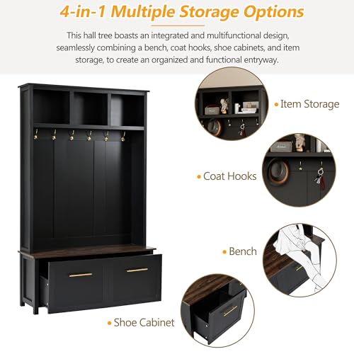 JIVOIT 4-in-1 Entryway Hall Tree with Brown Wood Grain Storage Bench, Wood Entryway Coat Hanger Hall Tree with 6 Golden Hooks, 2 Drawers, Coat Rack for Living Room, Hallway (Black/31) - color: Black/31