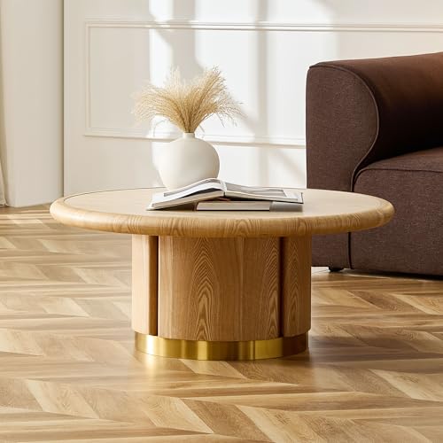 35.43" Round Coffee Table with Sintered Stone Tabletop & Cylindrical Stainless Base, Modern Circle Center Table Tea Table for Living Room, Easy Assembly - Natural - color: 35.43" Coffee Table With Sintered Tabletop, Natural