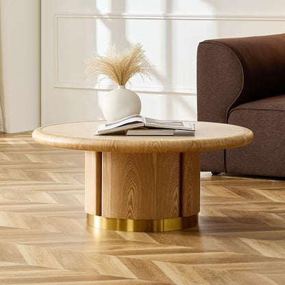 35.43" Round Coffee Table with Sintered Stone Tabletop & Cylindrical Stainless Base, Modern Circle Center Table Tea Table for Living Room, Easy Assembly - Natural - color: 35.43" Coffee Table With Sintered Tabletop, Natural