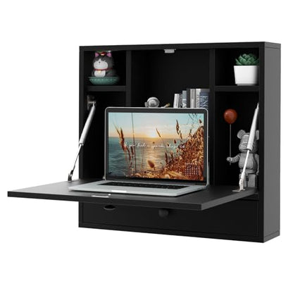 Tangkula Wall Mounted Desk, Folding Floating Wall Mount Laptop Desk, Space Saving Wall Mounted Table with Storage Drawer & Shelves (Black) - color: Black