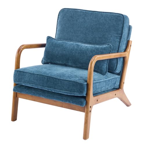 Karl home Mid-Century Modern Accent Reading Chair, Blue | Chenille Upholstered, Solid Wood Frame, Soft Cushion, Lumbar Pillow, Lounge Armchair for Living Room, Bedroom, Balcony, Study - color: Chenille Blue