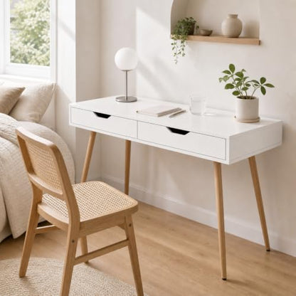 GIANTEX Mid-Century Desk with 2 Drawers, 42.5" Writing Study Desk with Tapered Legs, Home Office Computer Workstation PC Laptop Desk, Modern Makeup Vanity Table for Bedroom (White & Natural)