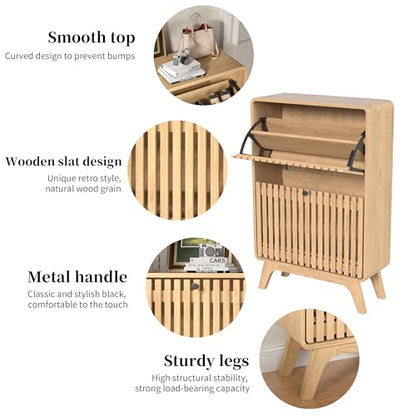 Jluomei Narrow Shoe Cabinet Storage for Entryway, Modern Cabinet Rack with 2 Flip Drawers, Slim Wood Fluted Entry Way Shoe Organizer, Wooden, Small, Farmhouse, Freestanding, Natural Oak - color: Natural