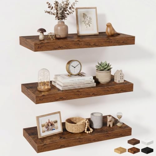 Fun Memories 24 Inch Floating Shelves Wall-Mounted, 10 Inch Deep Wall Shelves, 24 x 10 Floating Shelf for Living Room Bathroom Bedroom, Rustic Brown, Set of 3 - color: Brown Color, size: 24W x 10D x 1.5H