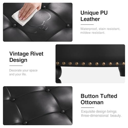 FiveWillowise 30 Inch Large Round Ottoman with Storage Circular,Black | Leather Coffee Table with Lift Top,Modern Upholstered Button Tufted Footrest Stool Solid Wood Legs for Living Room,Bedroom - color: Black