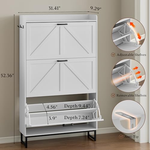 BORNOON Shoe Cabinet with 3 Flip Drawers Narrow Shoe Storage Cabinet Organizer Wooden Freestanding Shoe Rack Hidden Slim Shoes Storage Cabinet for Entryway, Hallway, Living Room, Bedroom - color: White, size: 3-Drawer