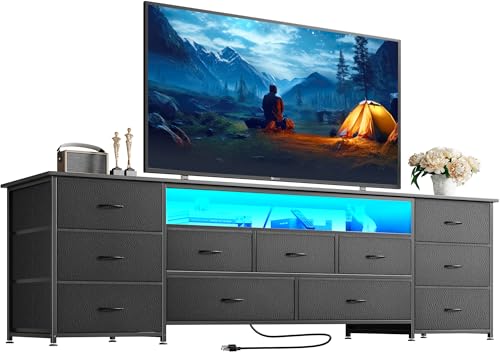 Huuger 70 Inch TV Stand for 75, 80 Inch TV, 11 Drawer Long Dresser with Power Outlets and LED Lights, Entertainment Center with Storage, Black Dresser with PU Leather Surface - color: Black, size: 13"D x 70.9"W x 26.8"H