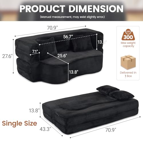 78” Convertible Sofa Bed, Single Size Sleeper Couch, Black | Boneless Folding Loveseat, Deep Seat, Soft Chenille, 4 Pillows, No Assembly, for Guest Living Room Bedroom - color: Black, size: 71"