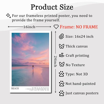 Pink and Blue Coastal Wall Art Cute Preppy Summer Pictures Aesthetic Summer Posters Trendy Beach Pictures Blue Ocean Painting Coastal Cowgirl Artwork Pink Sky Poster for Home Room 16x24inch Frameless - color: C4Unframed