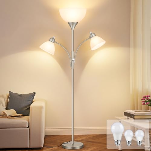 Coucrek Torchiere Floor Lamps for Living Room,72" Dimmable Lamp with 2 Adjustable Reading Lights for Bedroom, Tall Standing Room Lamp, 3 Bulbs Included - color: Nickel