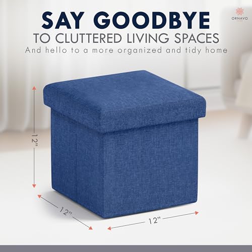 Ornavo Home Small Square Storage Ottoman, Foldable Linen, 12 Inch,Navy Blue | Collapsible Cube Design; Foot Rest Stool Seat; Ideal for Living Room, Bedroom, Home Office or Dorm - color: Navy