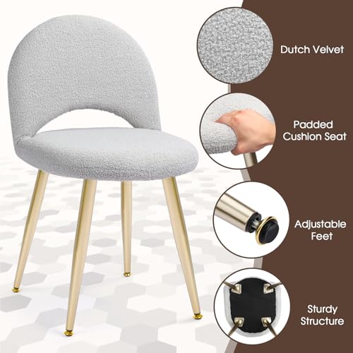Vanity Chair with Back, Boucle Upholstery Armless Makeup Stool | Gray Vanity Stool with Gold Metal Legs for Bedroom Living Room Kitchen Dinning Room (Gold and Light Gray) - color: Gold and Light Gray