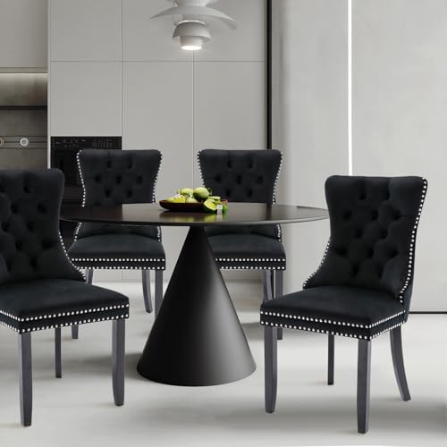 Velvet Upholstered Dining Chairs Set of 4, Modern Style Kitchen Side Chairs with Nailhead Trim and Wood Legs,Metal Pulling Ring for Dining Room Living Room(Black,Set of 4) - color: Black, size: Set of 4
