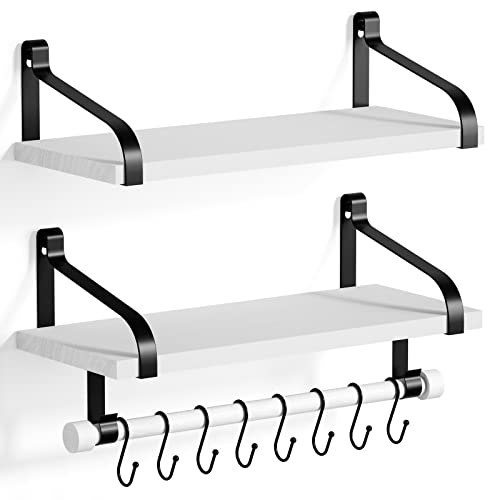Love-KANKEI 17.3"Floating Wall Shelves Set of 2,Solid Wood,Coffee Bar,White | Spice Rack,Towel Bar/8 Hooks,39 Lbs/shelf,Easy to Install,For Kitchen,Bathroom,Living Room,Bedroom,Office,Entryway Display - color: White