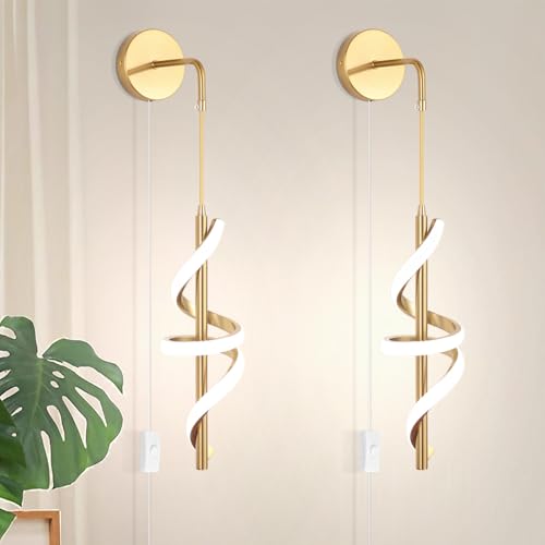 Modern Plug in Wall Sconces Set of Two,4500K Neutral Light Plug in Wall Light,Spiral Led Wall Lamp with Plug in Cord/Hardwire,Gold Indoor Sconce Wall Lighting Decor for Bedside Bedroom