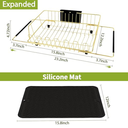 Dish Drying Rack-Large Stainless Steel Dish Drainer Over The Sink for Kitchen Countertop with Utensil Holder and Silicone Drying Mat(Gold, in Sink, 24.2'*13.2') - color: Gold, size: In sink,Extra Large