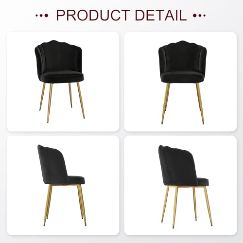 VECELO Velvet Dining Chairs Set of 2, Modern Upholstered Kitchen Chairs with Thick Cushions, Curved Padded Backrest and Metal Legs, for Kitchen, Dining Room, Living Room, Black - color: Black, size: Set of 2
