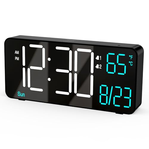 Alarm Clocks for Living Room, 6.7in Small Digital Clock for Bedroom, Auto Dimming,Date,Day of Week,Seconds or Indoor Temperature,Digital Alarm Clocks for Bedrooms,LED Desk Clock - color: Black (White + Blue Digits)