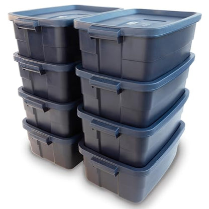 Rubbermaid Roughneck Tote 10 Gal, 8 Pack, Made in USA, Dark Indigo Metallic, Rugged Plastic Stackable Storage Bins with Lids and Handles - size: 10 Gal - 8 Pack