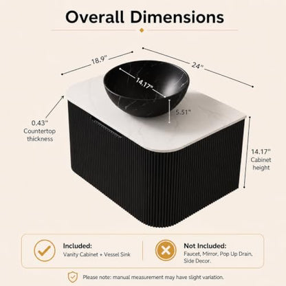 24" Floating Bathroom Vanity with Sink, Wall Mounted Plywood Cabinet, Black Fluted Front, Sintered Stone Countertop, Black Marble-Look Ceramic Bowl Vessel Sink, Soft-Close Drawer, Pre-Assembled - color: Black Cabinet / Black Marble Bowl Sink, size: 24 Inc