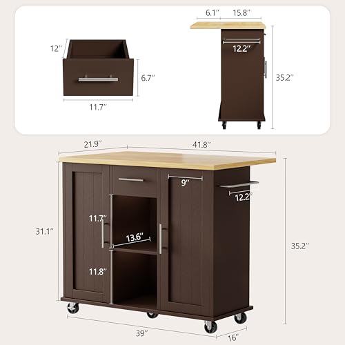 Shintenchi Kitchen Island with Storage, Bar Cart Cabinet Island Table on Wheels, Rolling Microwave Cart for Kitchen with Drop Leaf, Drawers, Towel Rack, Seating Area for Dining Room, Brown - color: Brown-42 Inch