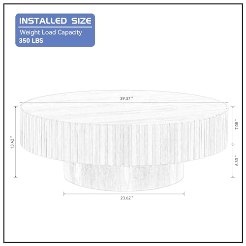 39.37'' Round Coffee Table for Living Room, Modern Wood Nesting Coffee Table Handcraft Circle Fluted Drum Coffee Table, Easy Assembly - color: Oak, size: 39.37"x23.62"x13.42"