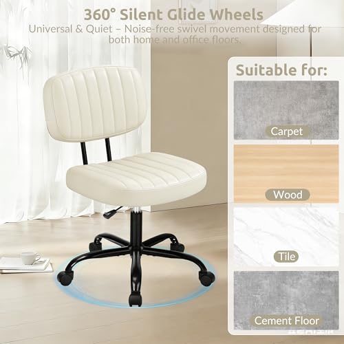 Swivel Rolling Office Chair, Armless Pu Leather Vanity Chair with Back Lumbar Support Height Adjustable Computer Chair, Small Desk Chair for Home Office, Beige White - color: Beige White
