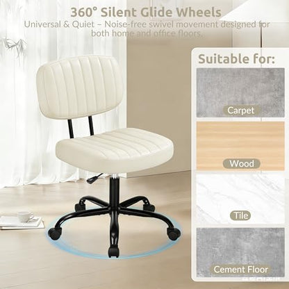 Swivel Rolling Office Chair, Armless Pu Leather Vanity Chair with Back Lumbar Support Height Adjustable Computer Chair, Small Desk Chair for Home Office, Beige White - color: Beige White