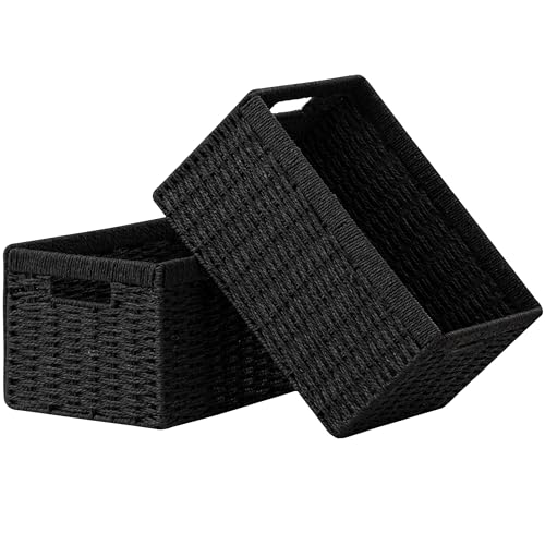 UBBCARE 2 Pack Wicker Basket, 13.4L×8.3H×7.1W inch Woven Paper Rope Storage Baskets for Shelves, Foldable Rectangular Storage Baskets with Handle, Storage Basket for Organizing, Black - color: Black, size: Rectangular- 2pack 13.4"×8.3"×7.1"