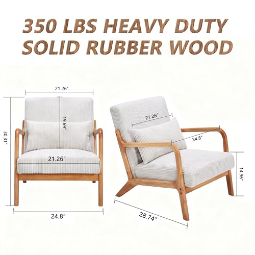 Mid Century Modern Accent Chair with Solid Rubberwood Frame, Comfy Corduroy Reading Armchair with Lumbar Pillow, Compact Lounge Chair for Bedroom, Living Room & Small Spaces, Ivory Cream - color: Ivory Cream (Corduroy + Natural Rubberwood), size: 1-Piece