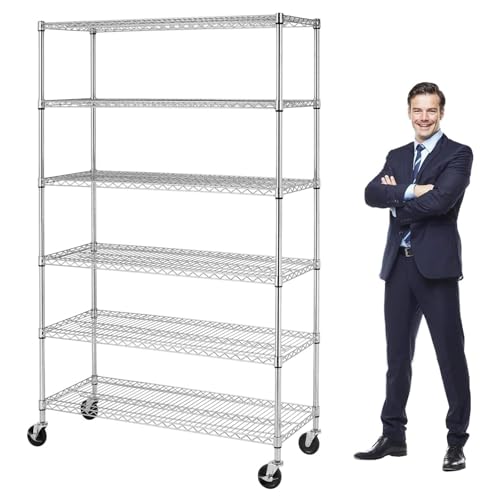 6-Tier Rolling Wire Shelf Rack, 48 x 18 x 76 in., Chrome | Supports up to 6000 lb with adjustable shelves and wheels or leveling feet for garage, pantry, kitchen. - color: Chrome, size: 6-Tier, 72"H × 48"W × 18"D