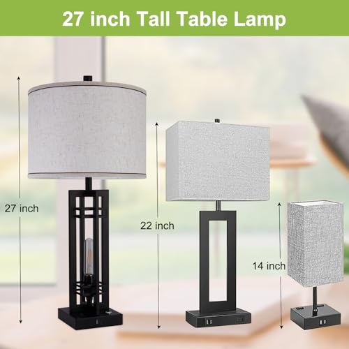 Set of 2 Farmhouse Table Lamps for Living Room,27-inch Bedside Lamps | Cream Shade Desk Lamps with USB A+C Ports, 3-Level Dimmable Touch Light, 4 LED Bulbs Included, Bedroom Home Office Nightstand - color: Beige