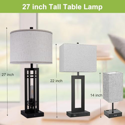 Set of 2 Farmhouse Table Lamps for Living Room,27-inch Bedside Lamps | Cream Shade Desk Lamps with USB A+C Ports, 3-Level Dimmable Touch Light, 4 LED Bulbs Included, Bedroom Home Office Nightstand - color: Beige